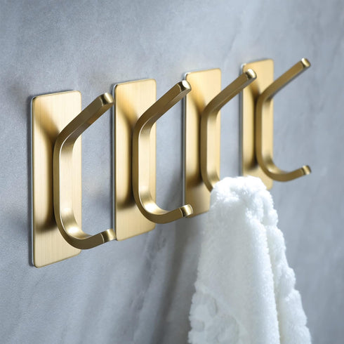 YIGII Towel Hooks/Adhesive Hooks - Brushed Gold Wall Hooks for Hanging Coat, Hat, Towel Robe Hook, Bathroom and Bedroom 4-Packs, Stainless Steel...